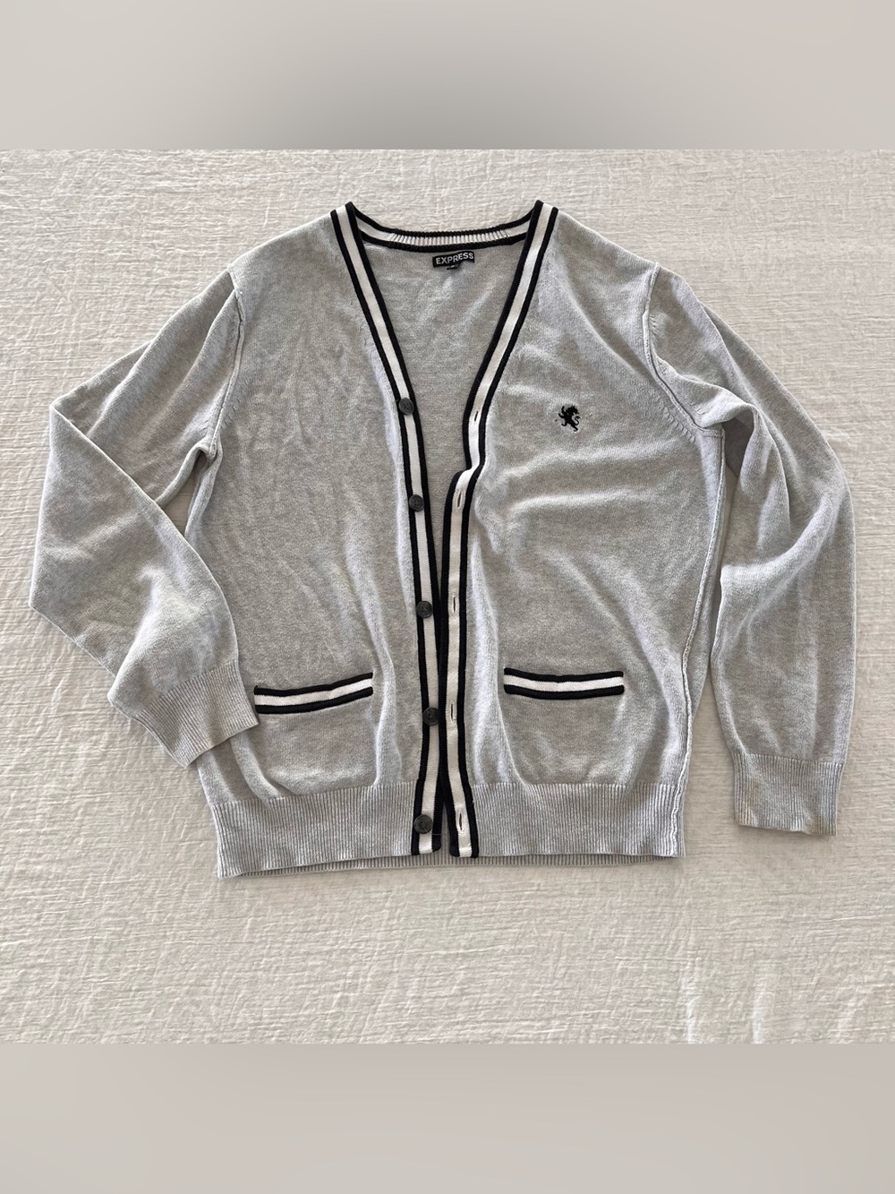 Y2K Express Men’s Gray Cardigan Sweater M Grey Embroidered Logo Tennis Preppy